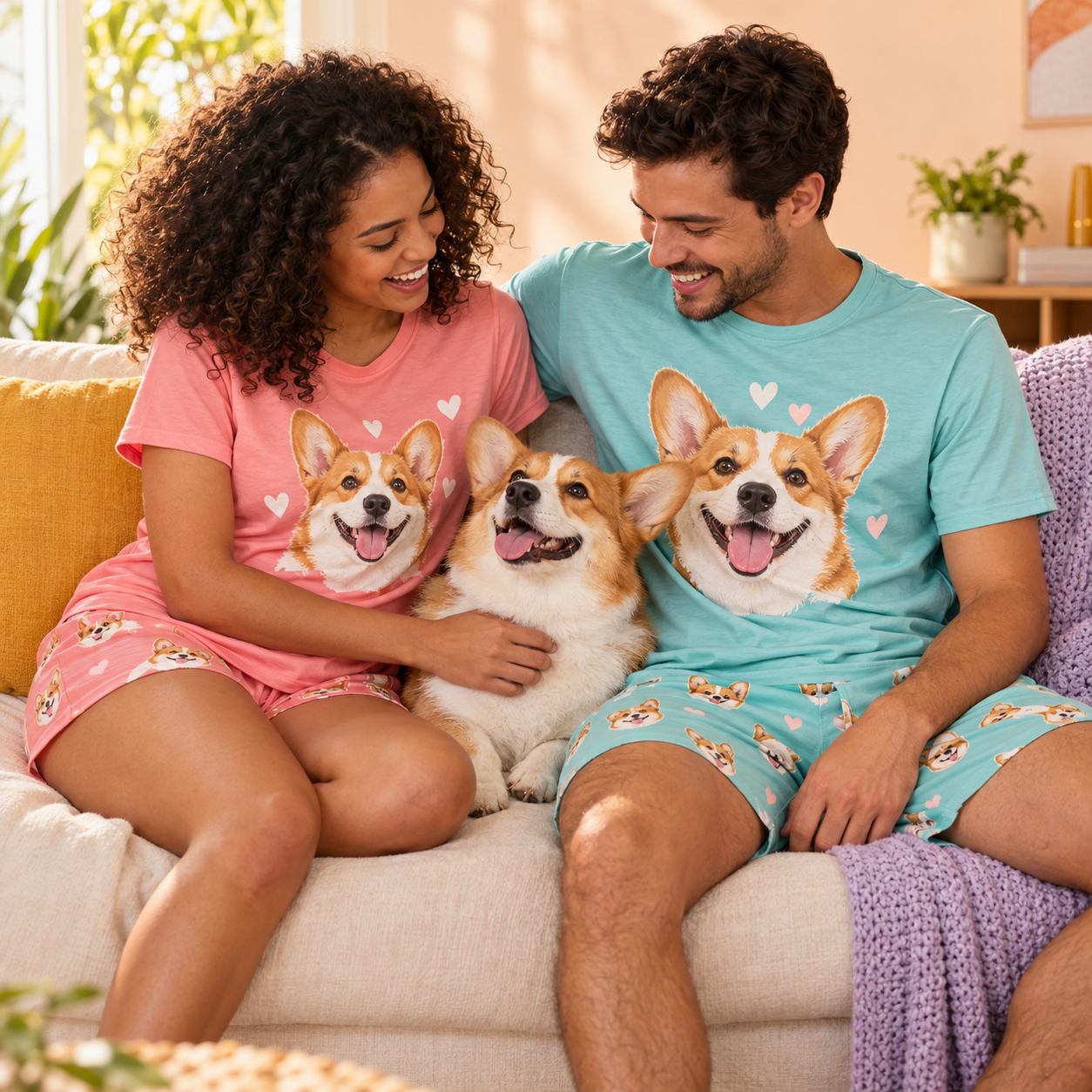 Casal sorrindo com seu cachorro, usando pijamas coloridos personalizados com a carinha do pet